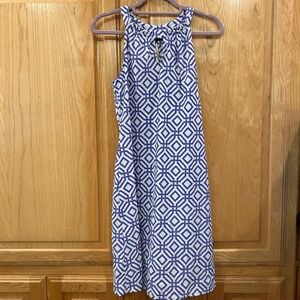 Jude Connally Women's Sleeveless Dress Blue White Geometric Print Made USA